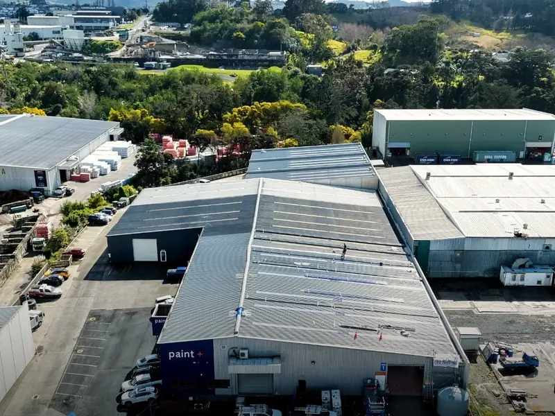 Aerial view of a large commercial roof being replaced at 100 Foundry Road, Silverdale